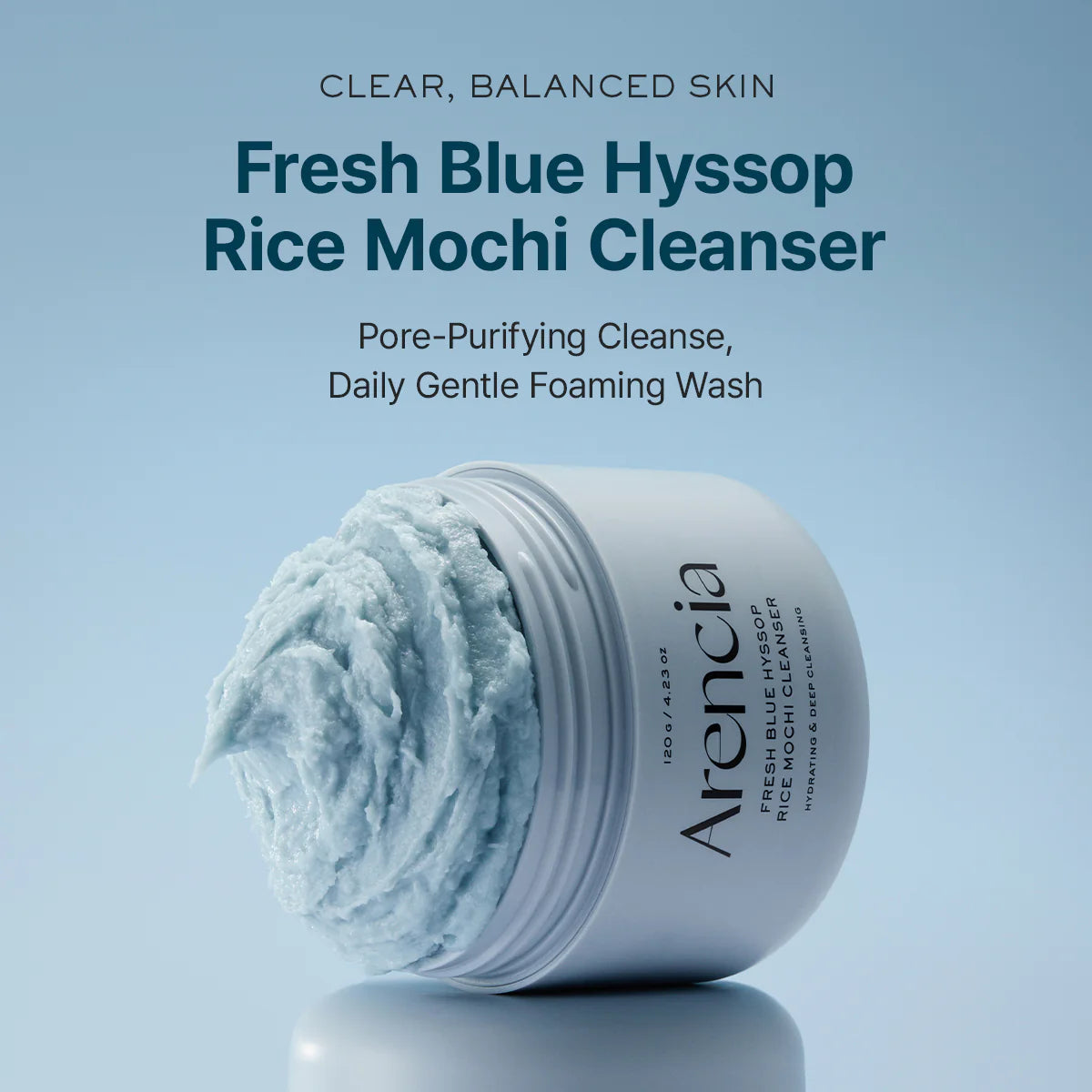 Puhastusvahend savi ja iisopi ekstraktiga Arencia Fresh Blue Hyssop Rice Mochi Cleanser