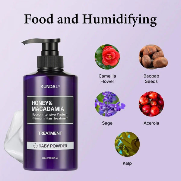Atjaunojoša matu maska KUNDAL Honey & Macadamia Protein Treatment Baby Powder